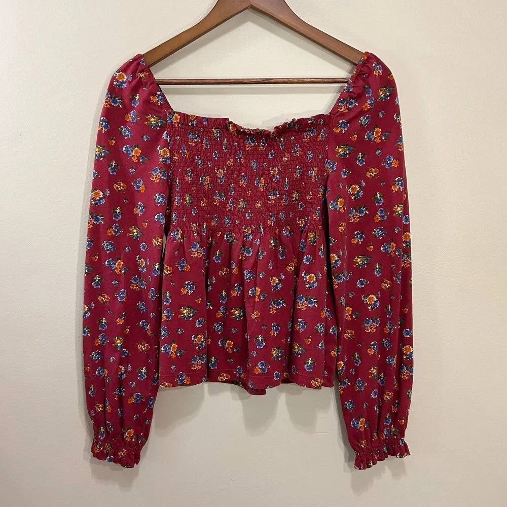 Polo Ralph Lauren‎ Girls Top Size 5 Burgundy Floral Smocked Square Neck Blouse